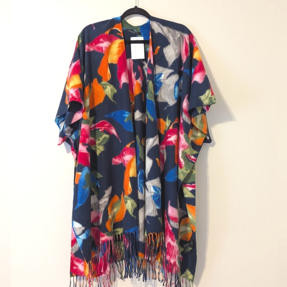 Navy Blue Multicolor Fleece Poncho